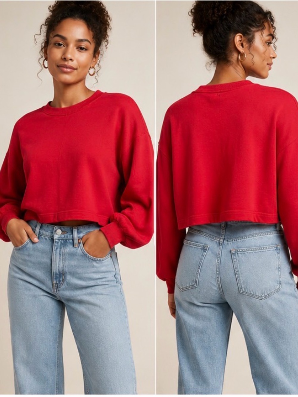 Anthropologie New Waisted Crop Sweatshirt L oversized relax balloon sleeves